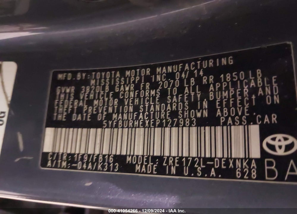 2014 TOYOTA COROLLA VIN: 5YFBURHEXEP127983
