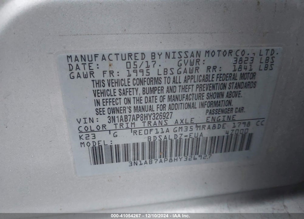 2017 NISSAN SENTRA SV VIN: 3N1AB7AP8HY326927