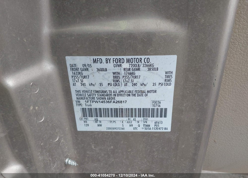 2006 FORD F-150 FX4/LARIAT/XLT VIN: 1FTPW14536FA26817