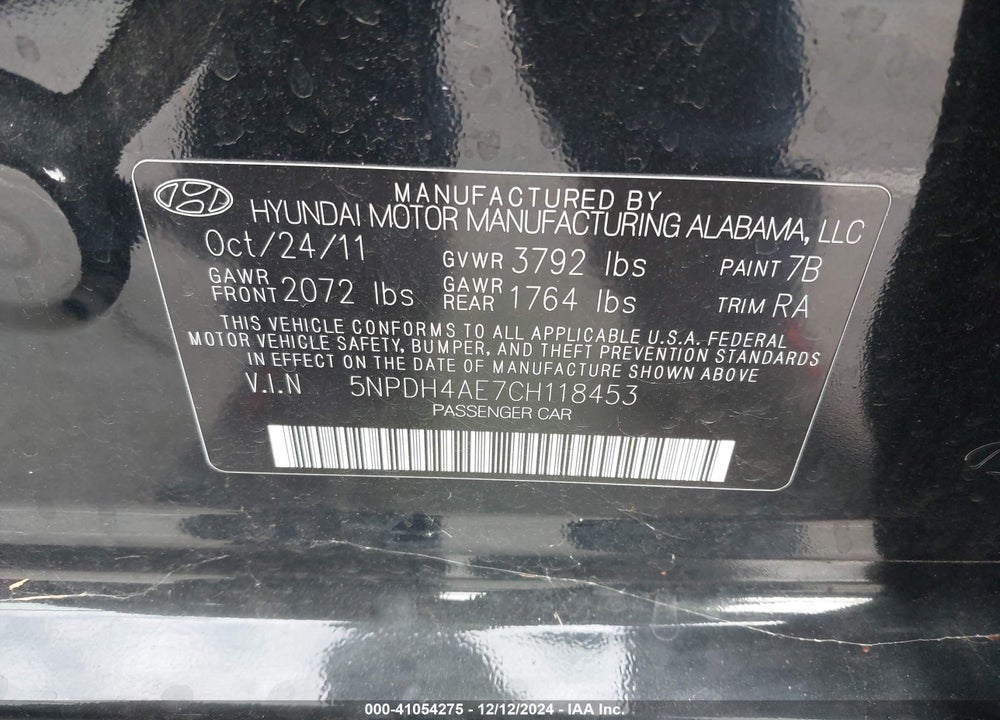2012 HYUNDAI ELANTRA VIN: 5NPDH4AE7CH118453