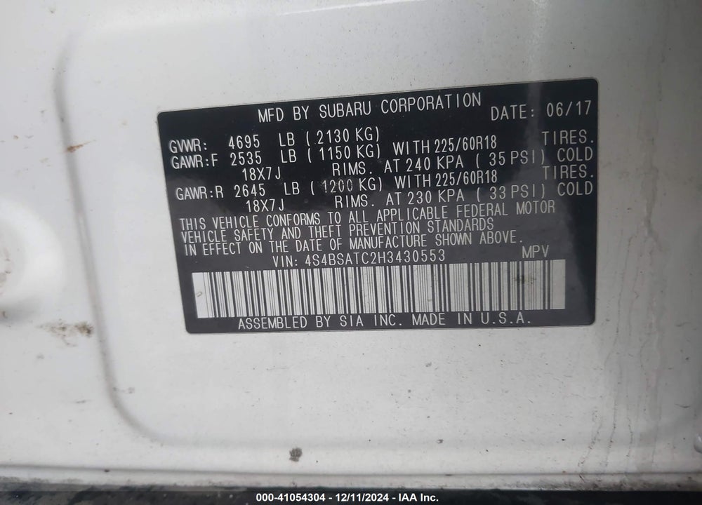 2017 SUBARU OUTBACK 2.5I TOURING VIN: 4S4BSATC2H3430553