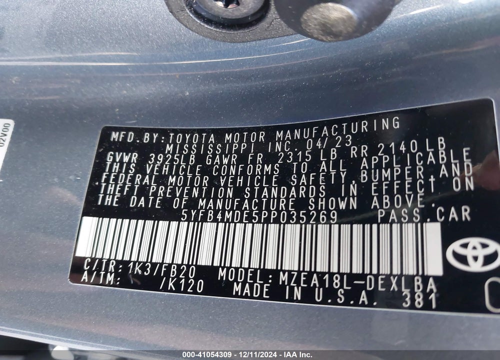 2023 TOYOTA COROLLA VIN: 5YFB4MDE5PP035269