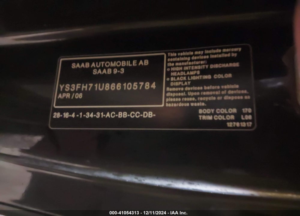 2006 SAAB 9 3 VIN: YS3FH71U866105784