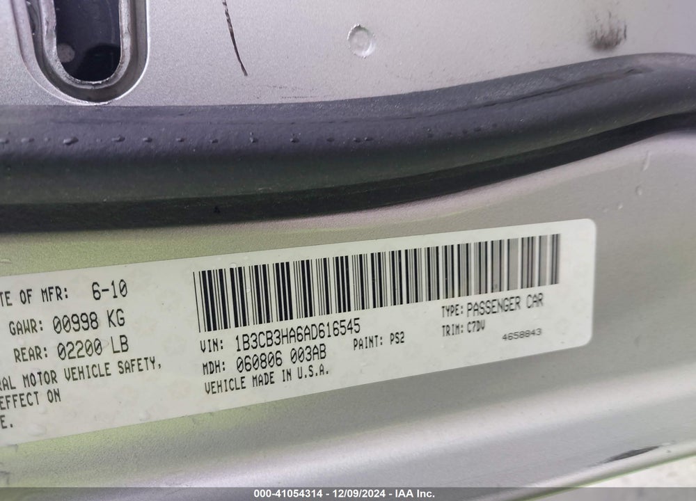 2010 DODGE CALIBER MAINSTREET VIN: 1B3CB3HA6AD616545