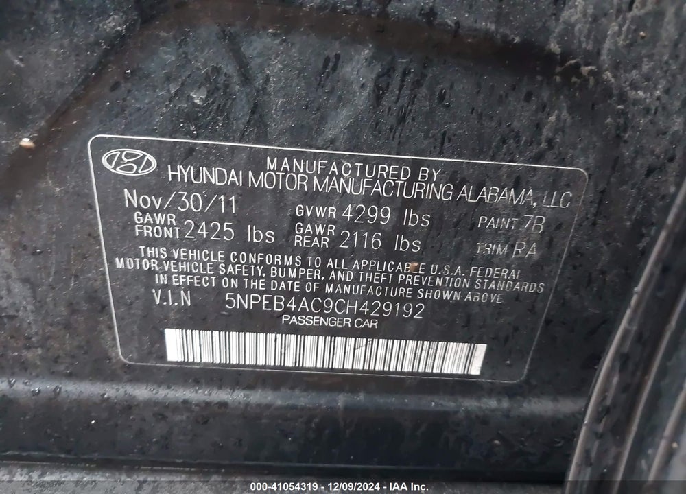 2012 HYUNDAI SONATA GLS VIN: 5NPEB4AC9CH429192