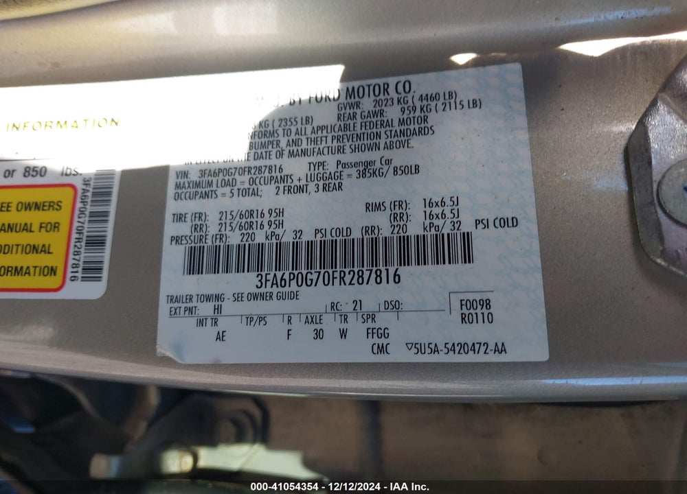 2015 FORD FUSION S VIN: 3FA6P0G70FR287816