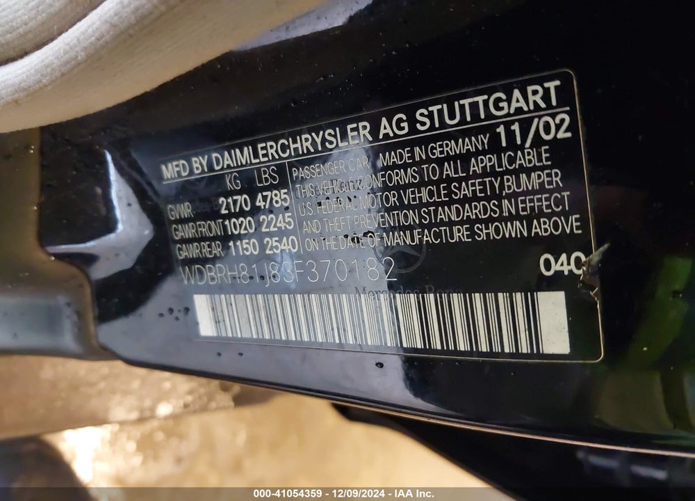 2003 MERCEDES-BENZ C 240 VIN: WDBRH81J83F370182