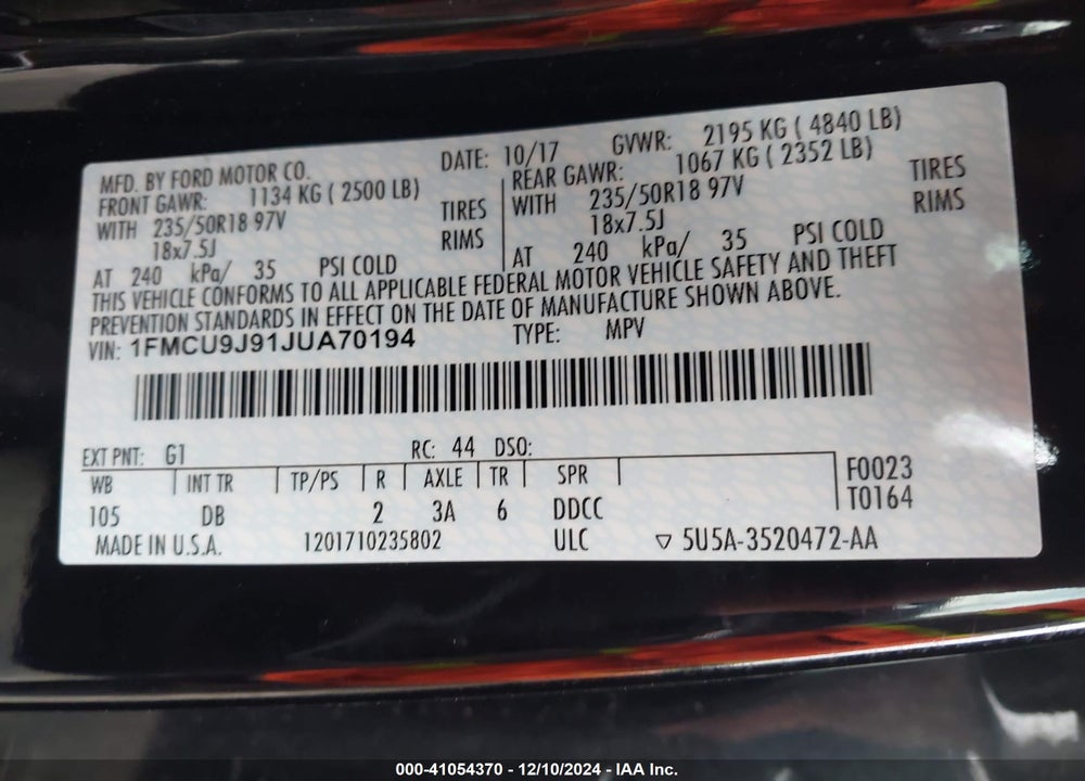 2018 FORD ESCAPE TITANIUM VIN: 1FMCU9J91JUA70194