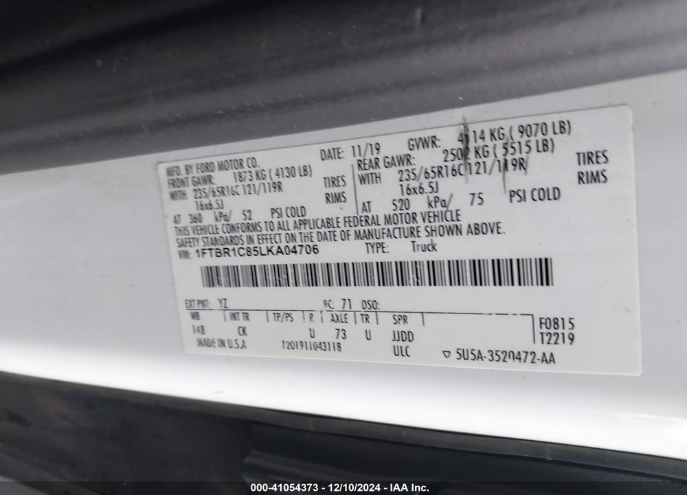 2020 FORD TRANSIT-250 CARGO VAN VIN: 1FTBR1C85LKA04706