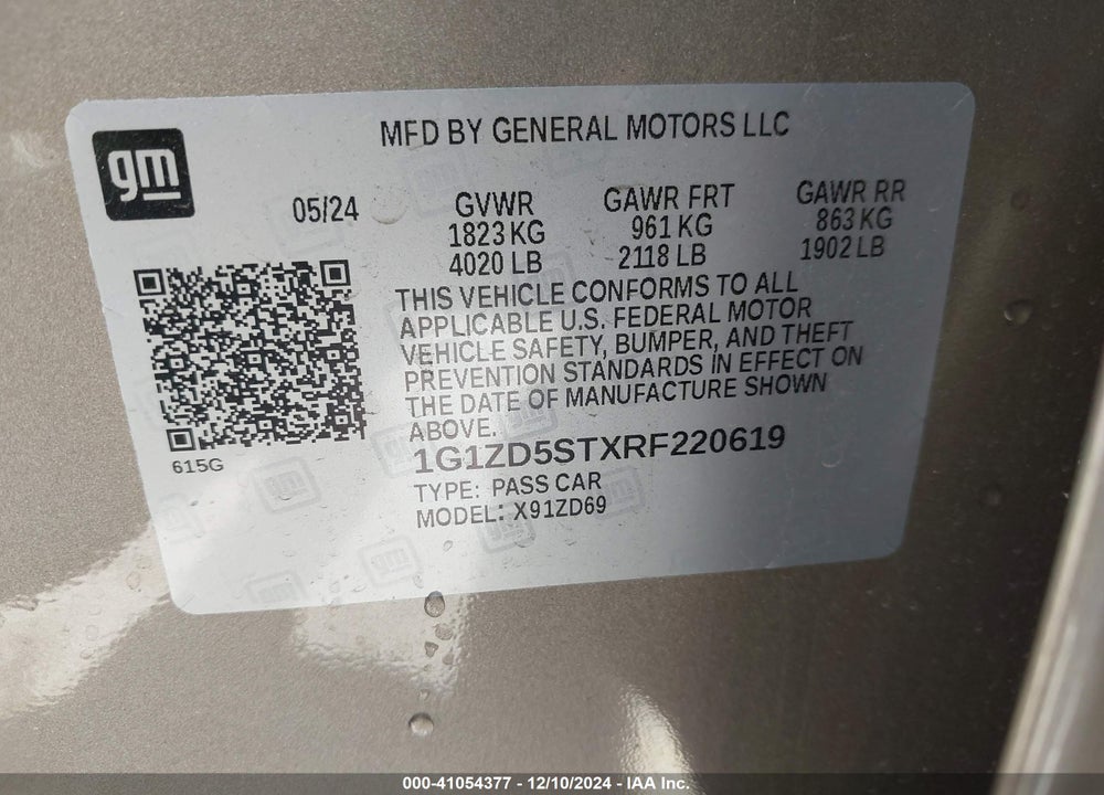 2024 CHEV MALIBU LT W/1LT PKG VIN: 1G1ZD5STXRF220619