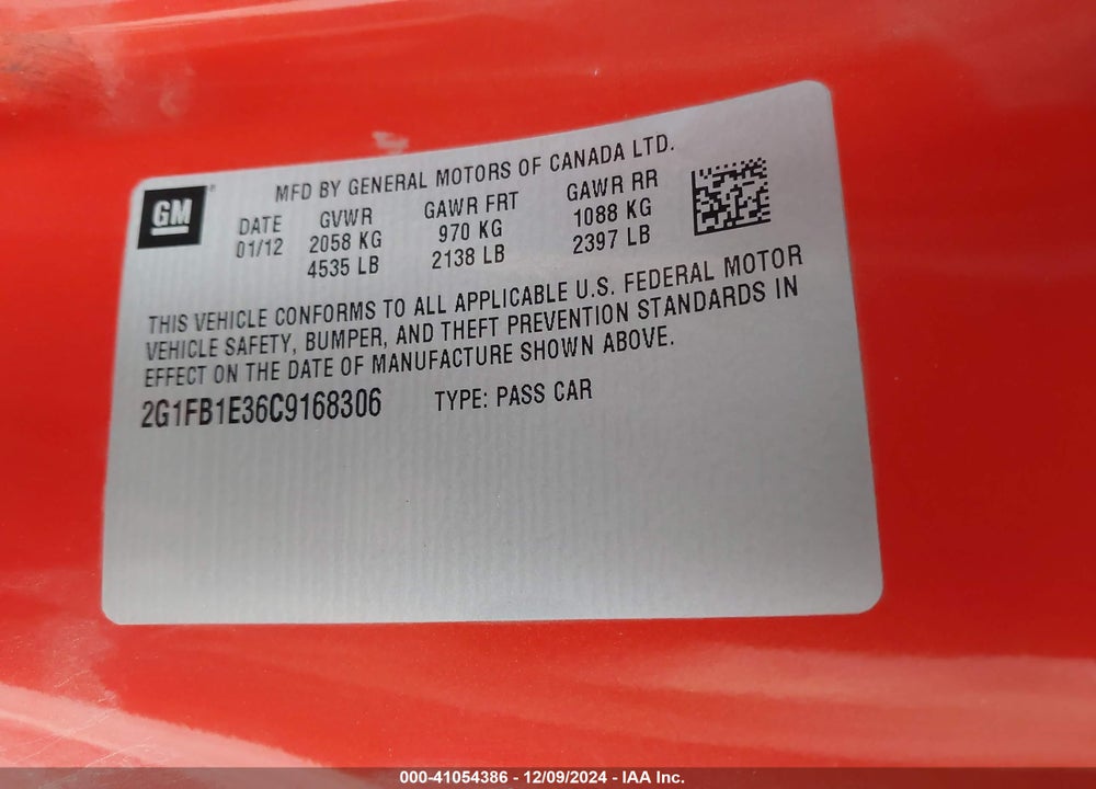 2012 CHEVROLET CAMARO 1LT VIN: 2G1FB1E36C9168306
