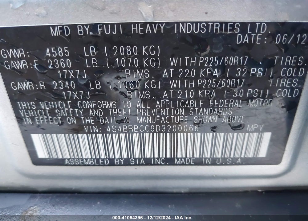 2013 SUBARU OUTBACK 2.5I PREMIUM VIN: 4S4BRBCC9D3200066