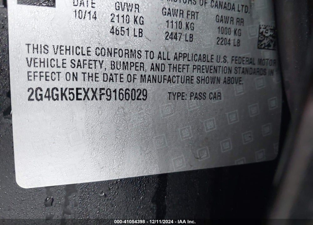 2015 BUICK REGAL TURBO VIN: 2G4GK5EXXF9166029