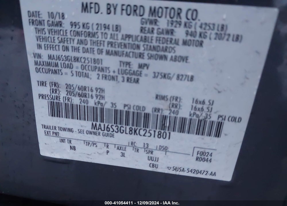 2019 FORD ECOSPORT SE VIN: MAJ6S3GL8KC251801