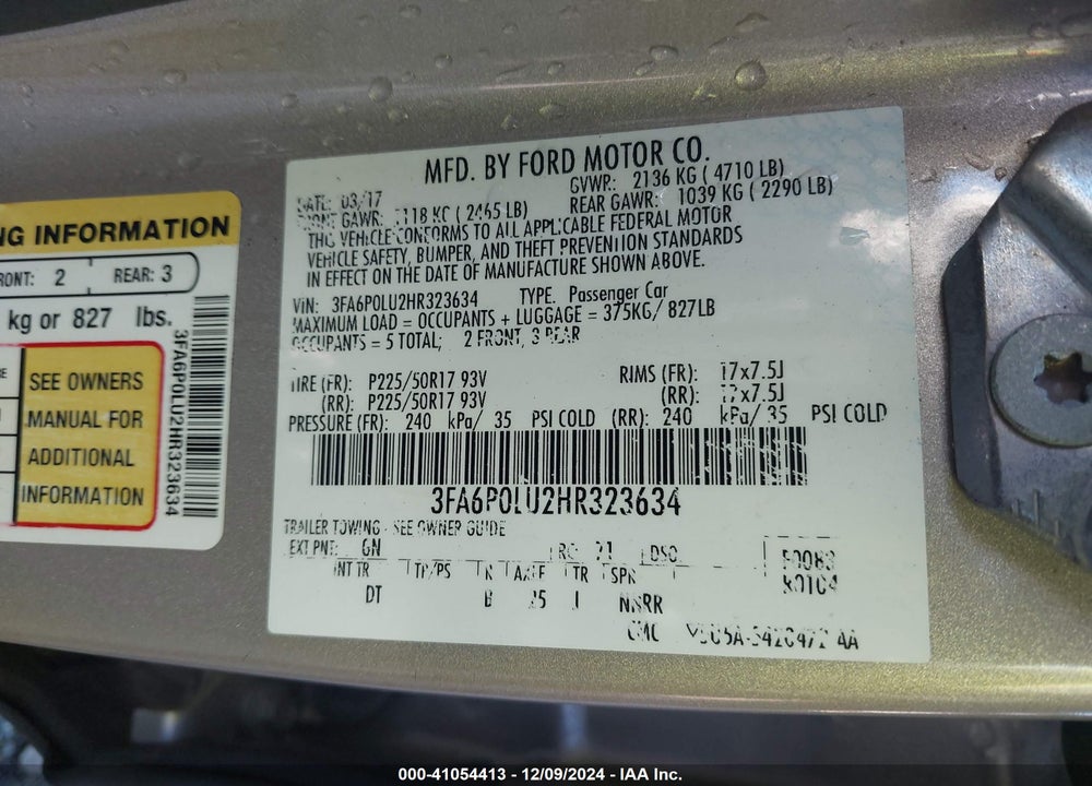2017 FORD FUSION HYBRID SE VIN: 3FA6P0LU2HR323634