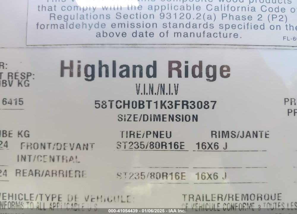 2019 HIGHLAND RIDGE OTHER VIN: 58TCH0BT1K3FR3087