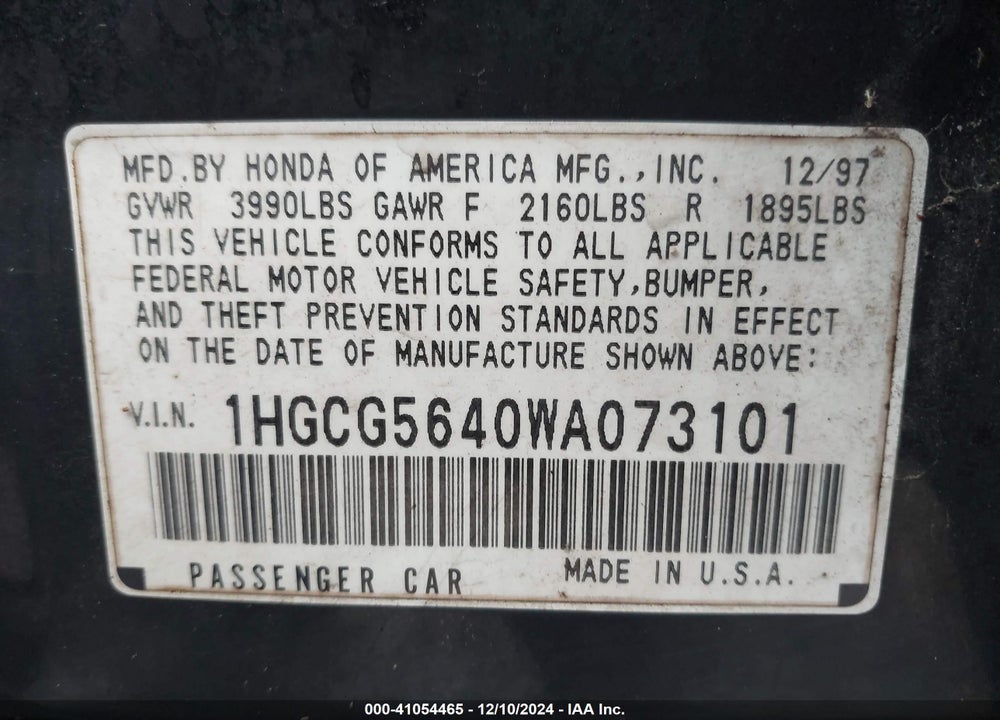 1998 HONDA ACCORD SDN LX VIN: 1HGCG5640WA073101