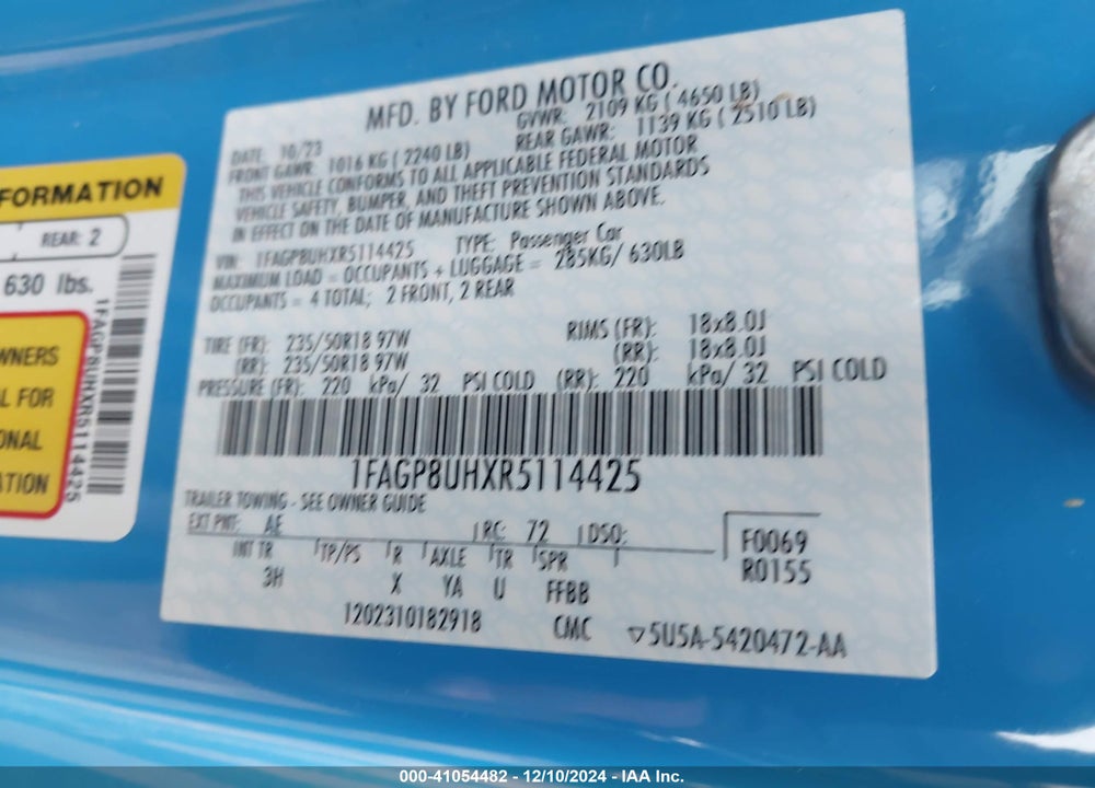 2024 FORD MUSTANG ECOBOOST PREMIUM VIN: 1FAGP8UHXR5114425