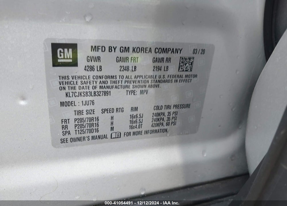2020 CHEVROLET TRAX FWD LS VIN: KL7CJKSB3LB327891