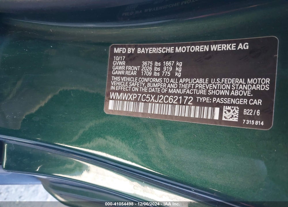 2018 MINI COOPER S VIN: WMWXP7C5XJ2C62172