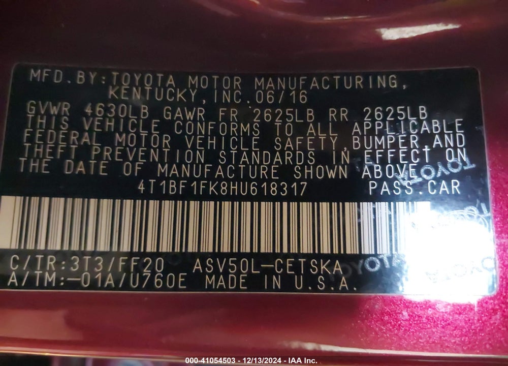 2017 TOYOTA CAMRY VIN: 4T1BF1FK8HU618317