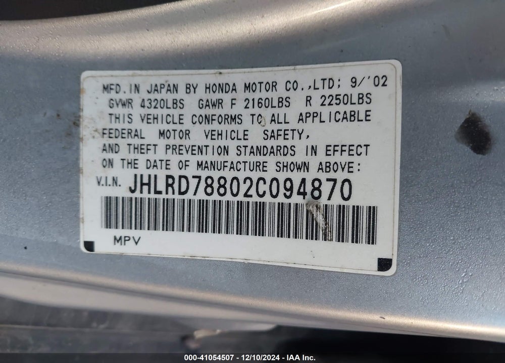 2002 HONDA CR-V EX VIN: JHLRD78802C094870