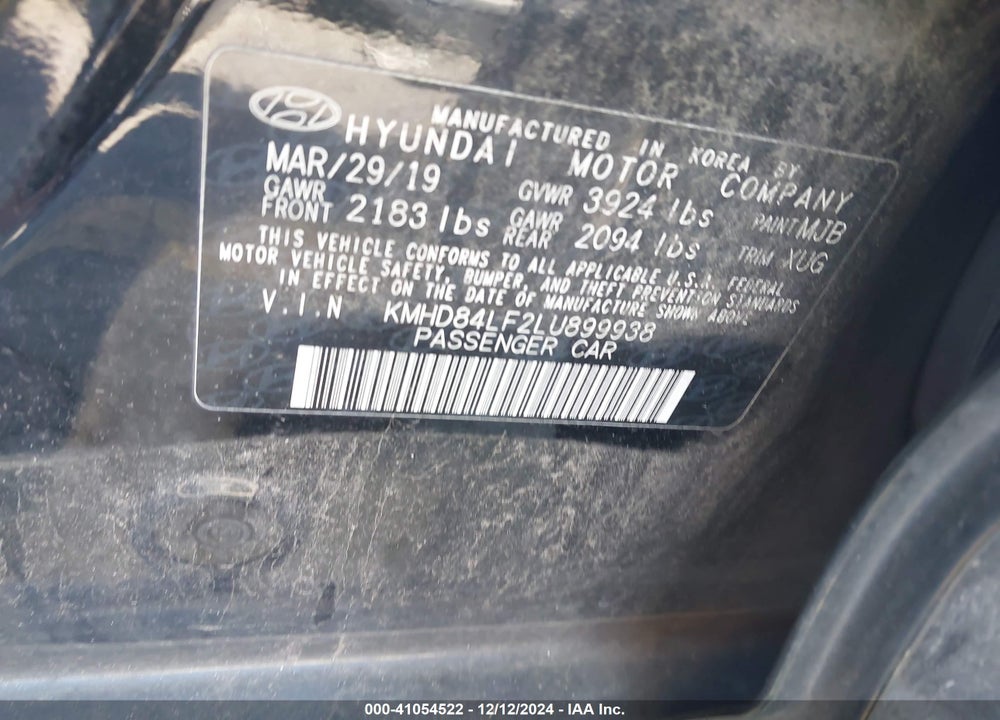 2020 HYUNDAI ELANTRA VIN: KMHD84LF2LU899938
