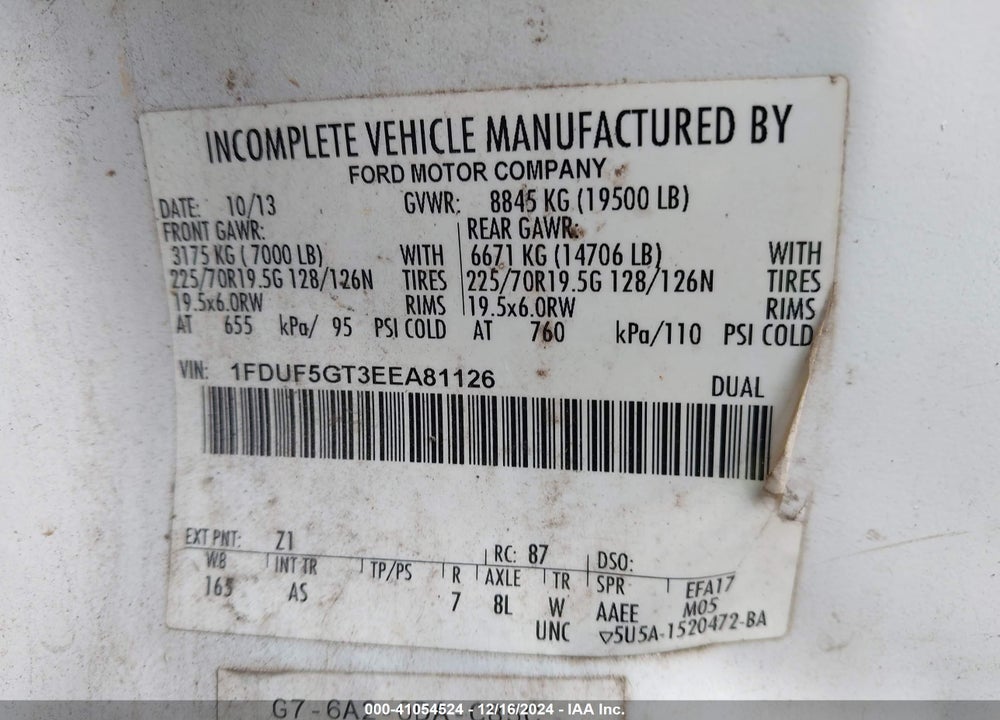 2014 FORD F-550 CHASSIS XL VIN: 1FDUF5GT3EEA81126