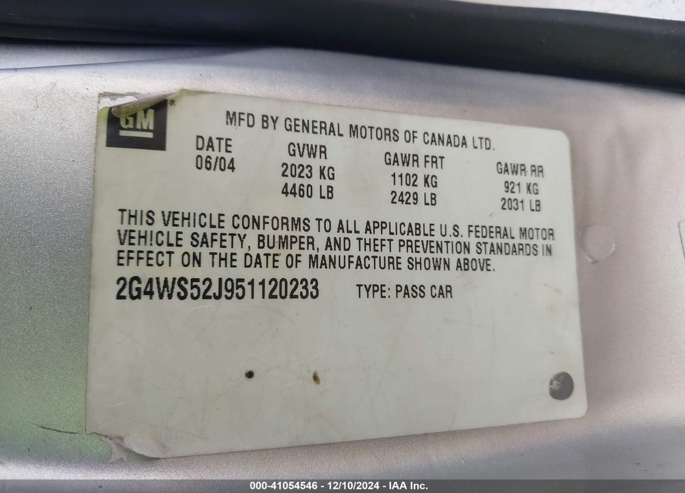 2005 BUICK CENTURY VIN: 2G4WS52J951120233