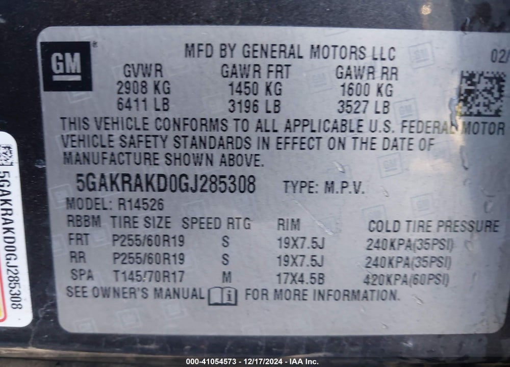 2016 BUICK ENCLAVE CONVENIENCE VIN: 5GAKRAKD0GJ285308