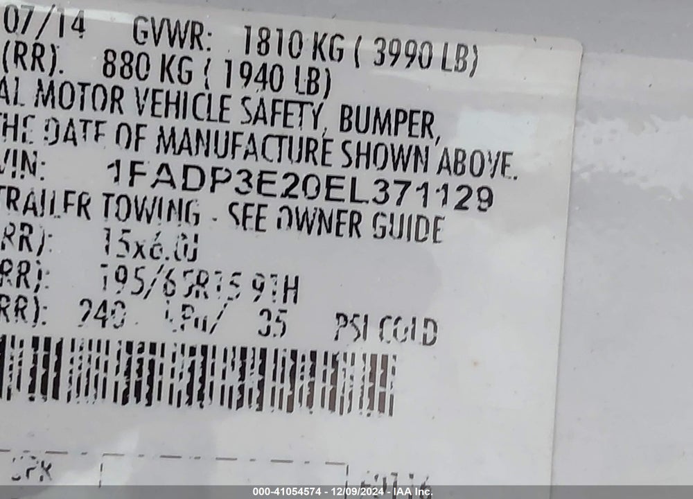 2014 FORD FOCUS VIN: 1FADP3E20EL371129
