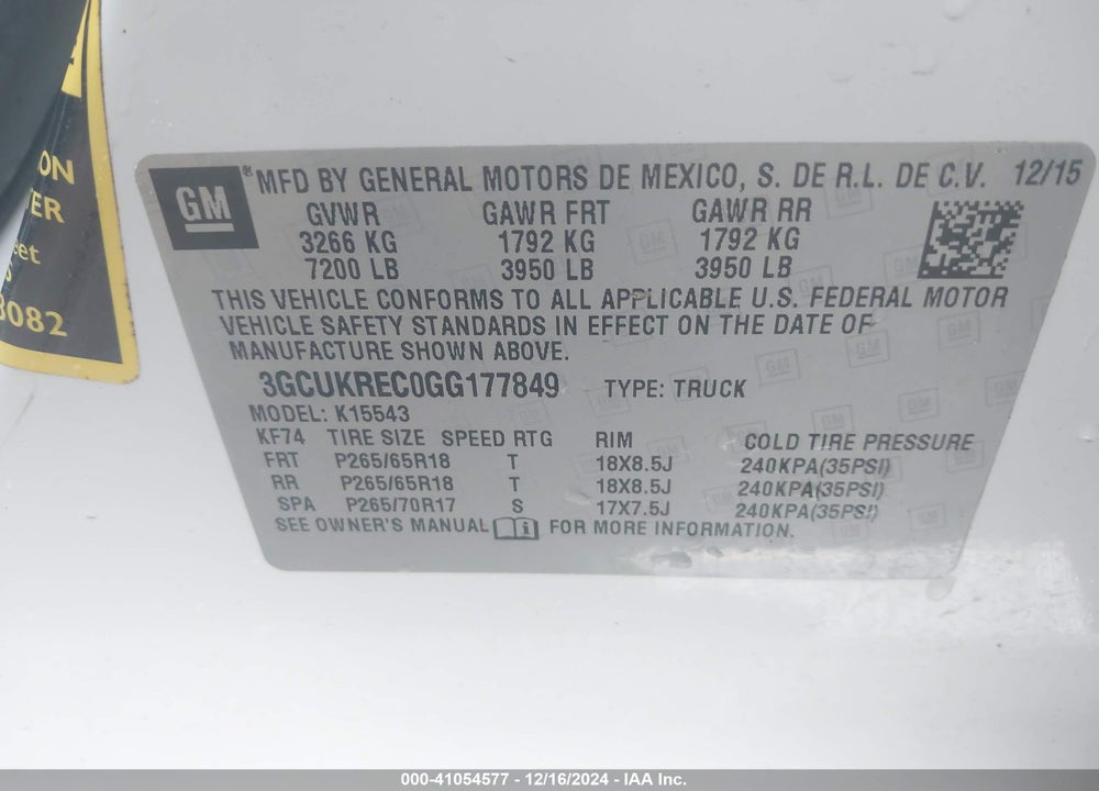 2016 CHEVROLET SILVERADO 1500 2LT VIN: 3GCUKREC0GG177849