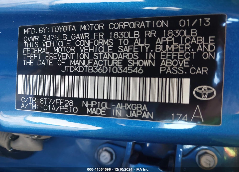 2013 TOYOTA PRIUS C THREE VIN: JTDKDTB36D1034546