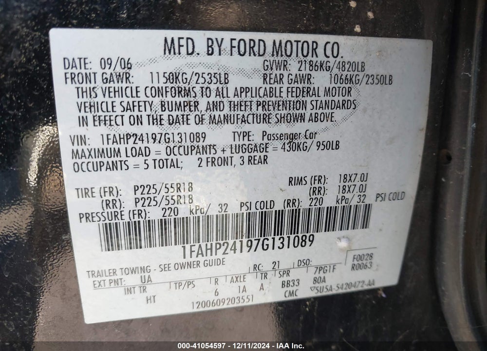 2007 FORD FIVE HUNDRED SEL VIN: 1FAHP24197G131089