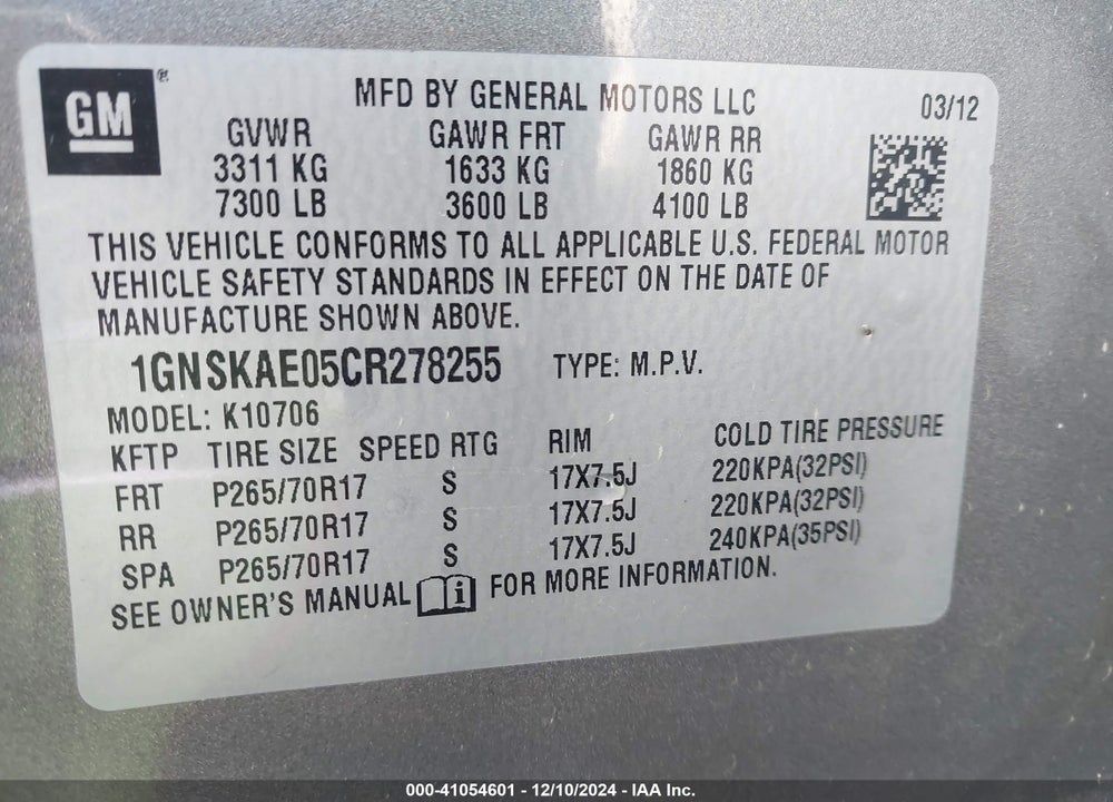 2012 CHEVROLET TAHOE VIN: 1GNSKAE05CR278255
