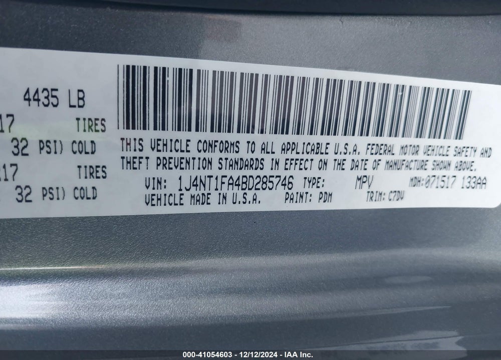 2011 JEEP COMPASS VIN: 1J4NT1FA4BD285746