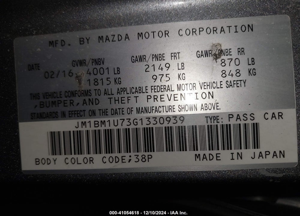 2016 MAZDA 3 I SPORT VIN: JM1BM1U73G1330939
