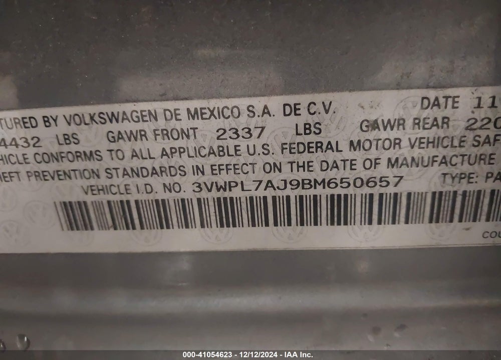 2011 VOLKSWAGEN JETTA SPORTWAGEN 2.0L TDI VIN: 3VWPL7AJ9BM650657
