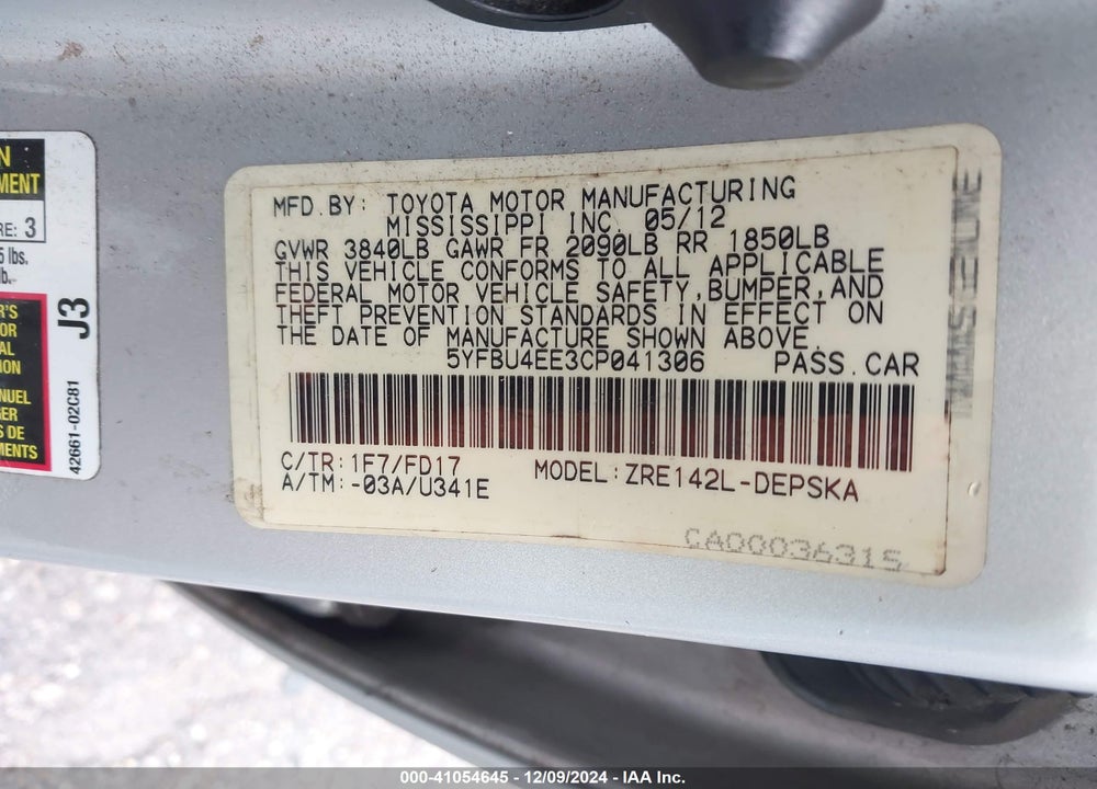 2012 TOYOTA COROLLA S VIN: 5YFBU4EE3CP041306