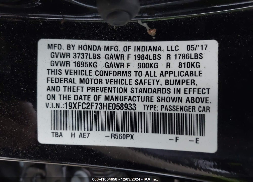 2017 HONDA CIVIC EX VIN: 19XFC2F73HE058933