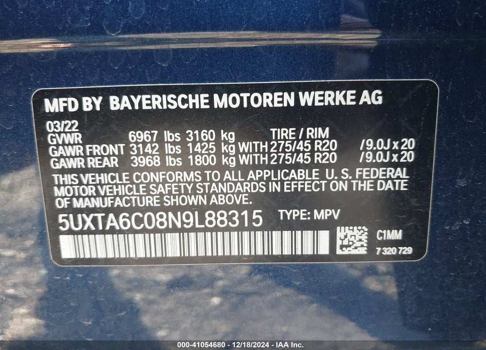 2022 BMW X5 PHEV XDRIVE45E VIN: 5UXTA6C08N9L88315