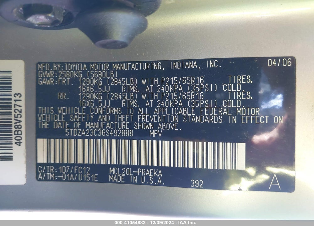 2006 TOYOTA SIENNA LE VIN: 5TDZA23C36S492888