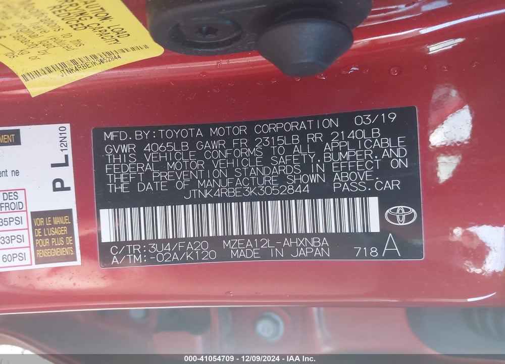 2019 TOYOTA COROLLA SE VIN: JTNK4RBE3K3052844