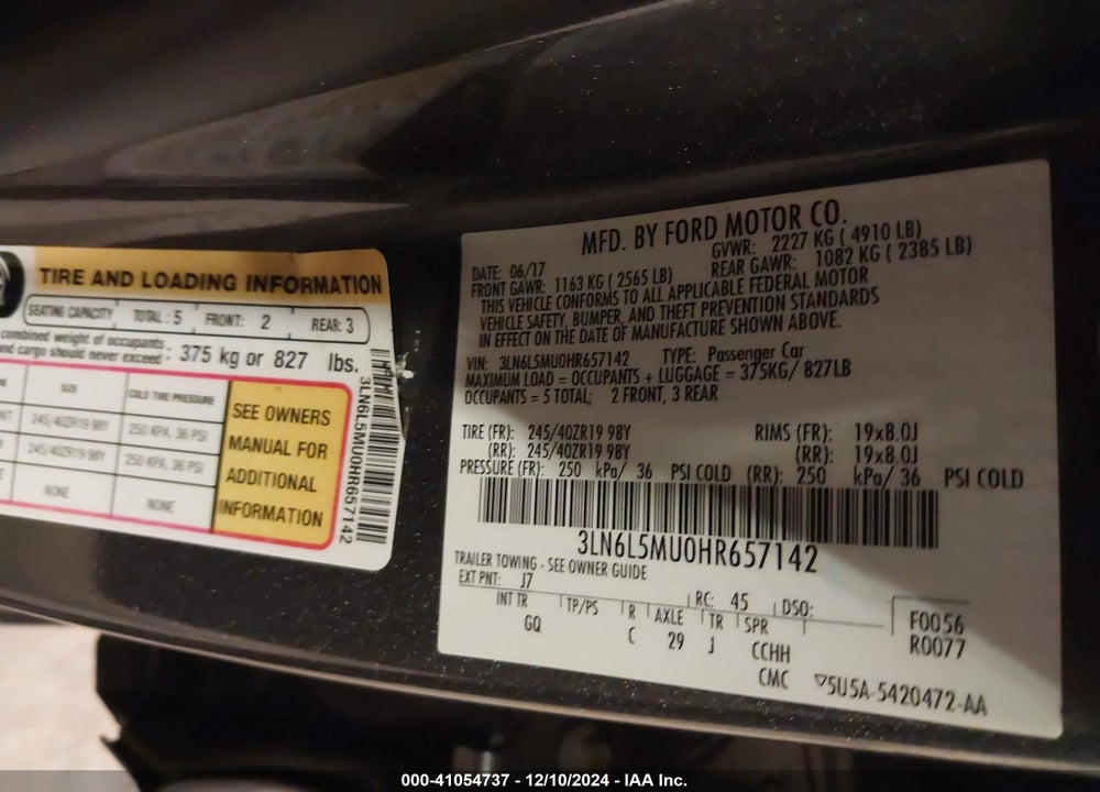 2017 LINCOLN MKZ HYBRID VIN: 3LN6L5MU0HR657142