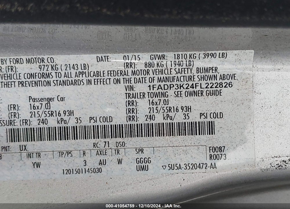 2015 FORD FOCUS SE VIN: 1FADP3K24FL222826