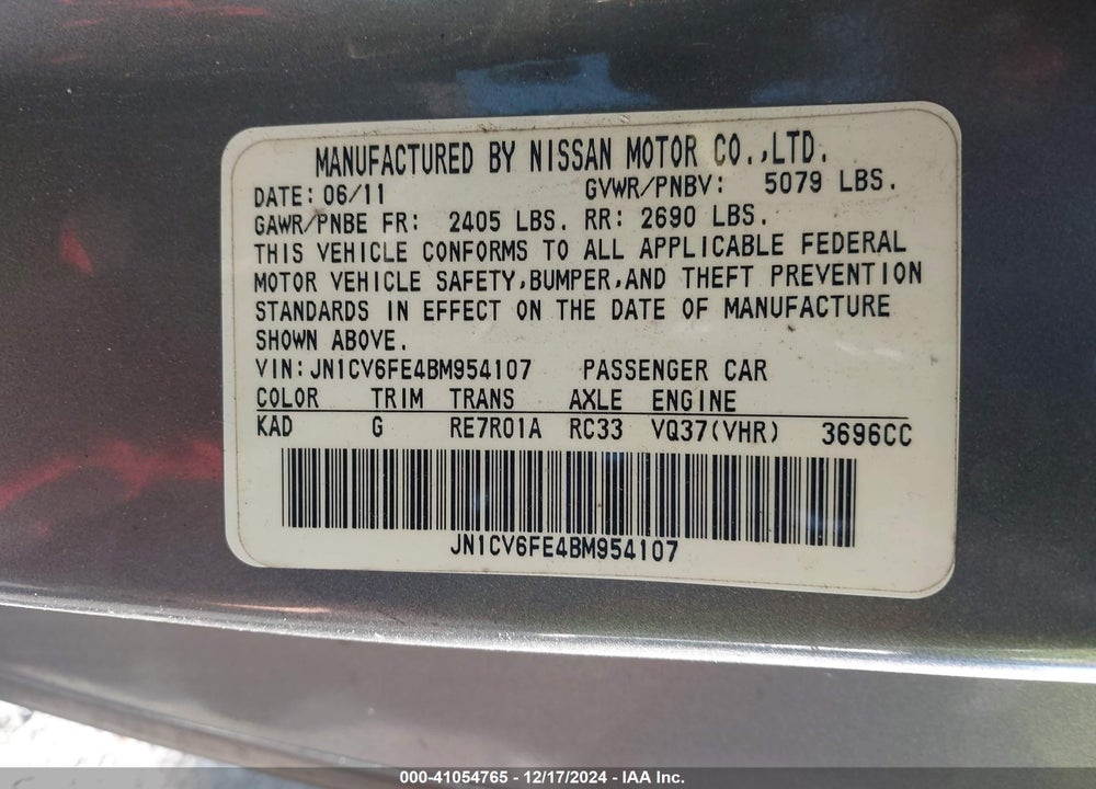 2011 INFINITI G37 VIN: JN1CV6FE4BM954107