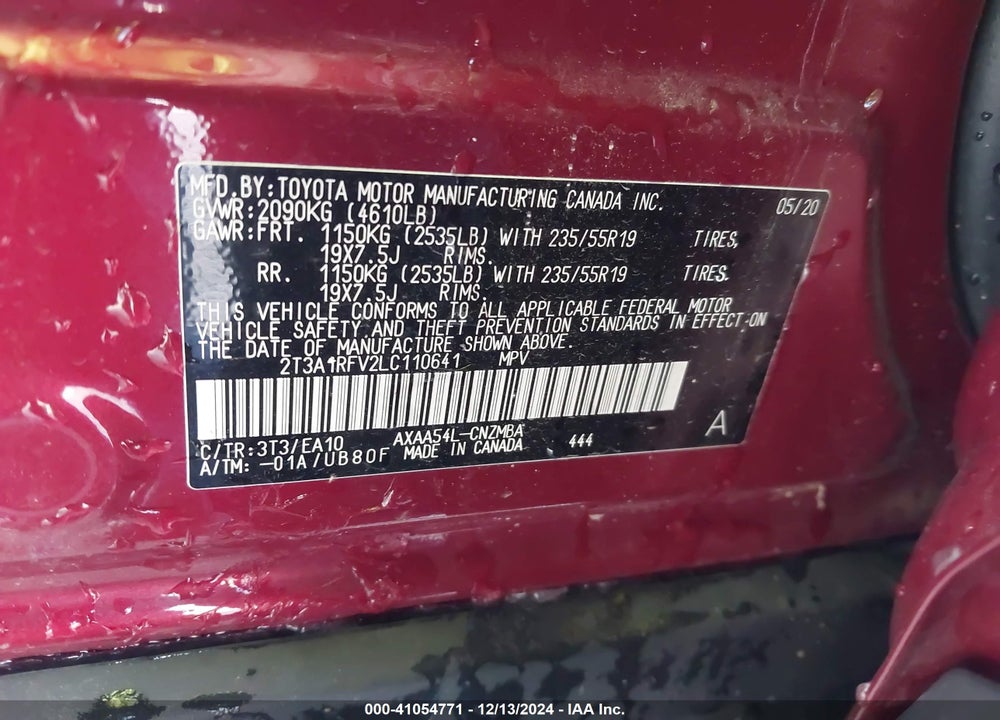 2020 TOYOTA RAV4 XLE PREMIUM VIN: 2T3A1RFV2LC110641