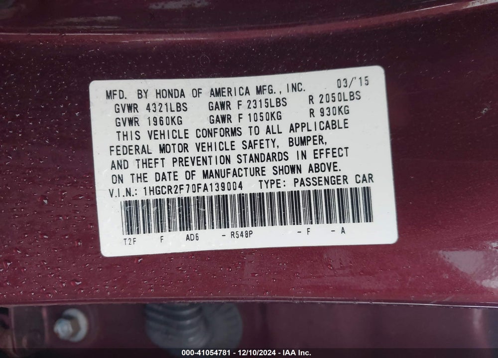 2015 HONDA ACCORD EX VIN: 1HGCR2F70FA139004