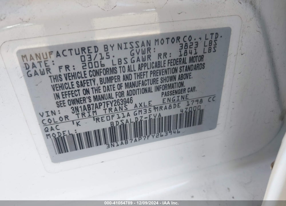 2015 NISSAN SENTRA SV VIN: 3N1AB7AP7FY263946