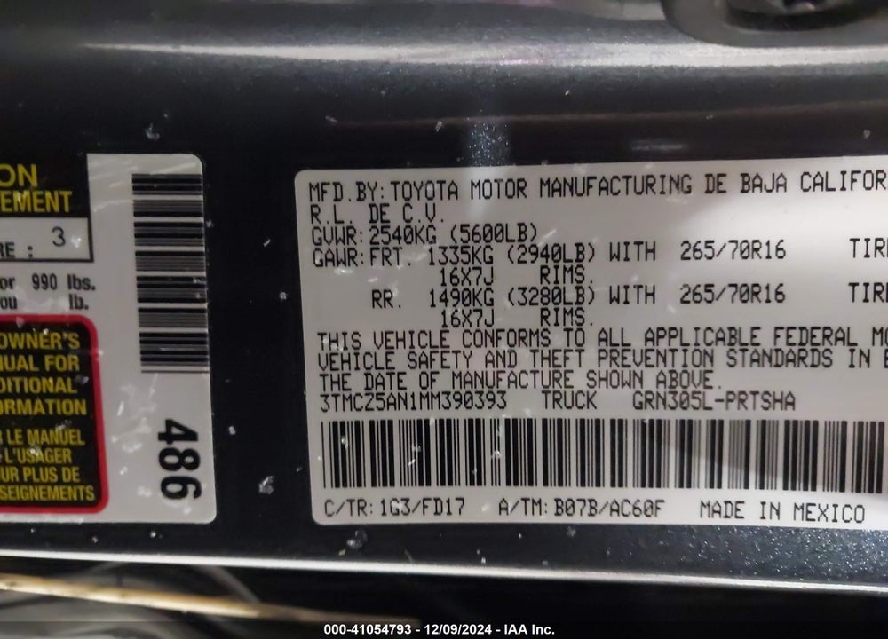 2021 TOYOTA TACOMA TRD OFF ROAD VIN: 3TMCZ5AN1MM390393